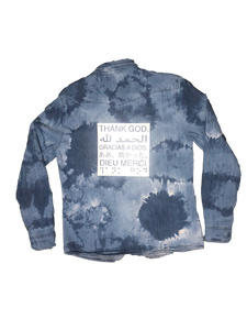 This is a bleach dyed jean jacket with thank god written on it